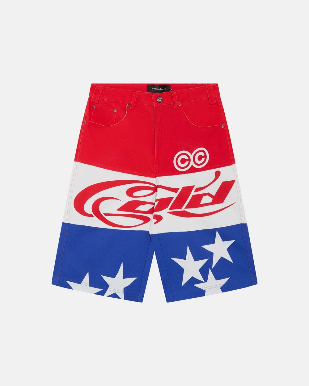 STARS JORTS RED WHITE AND BLUE - red white blue star print shorts, front view - Cold Culture #packshot