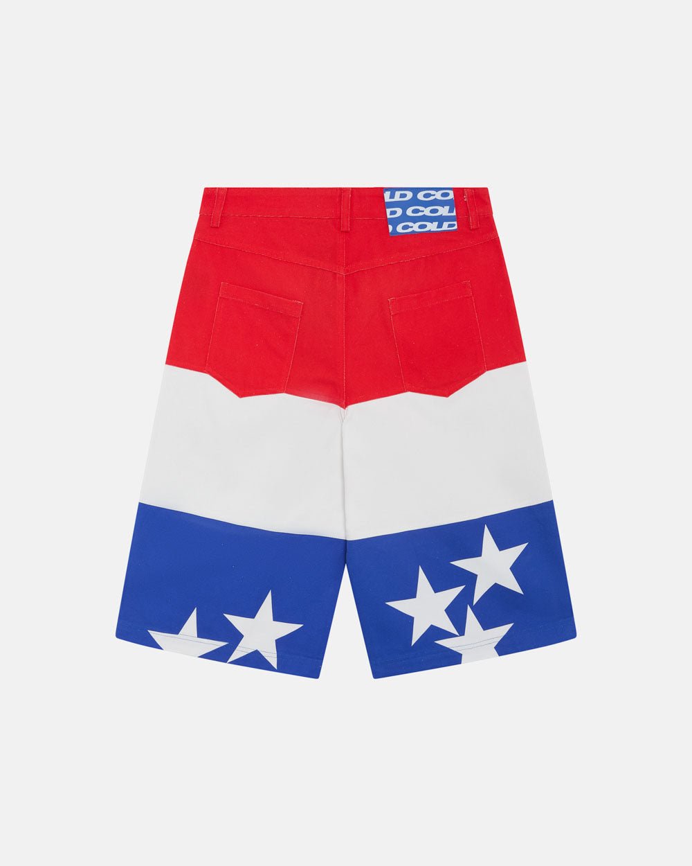 STARS JORTS RED WHITE AND BLUE - red white blue star print shorts, back view - Cold Culture #packshot