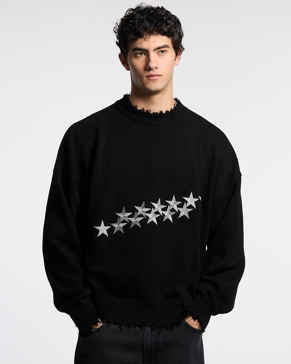 STARS KNIT BLACK - black distressed knit sweater, front view on male model - Cold Culture #man