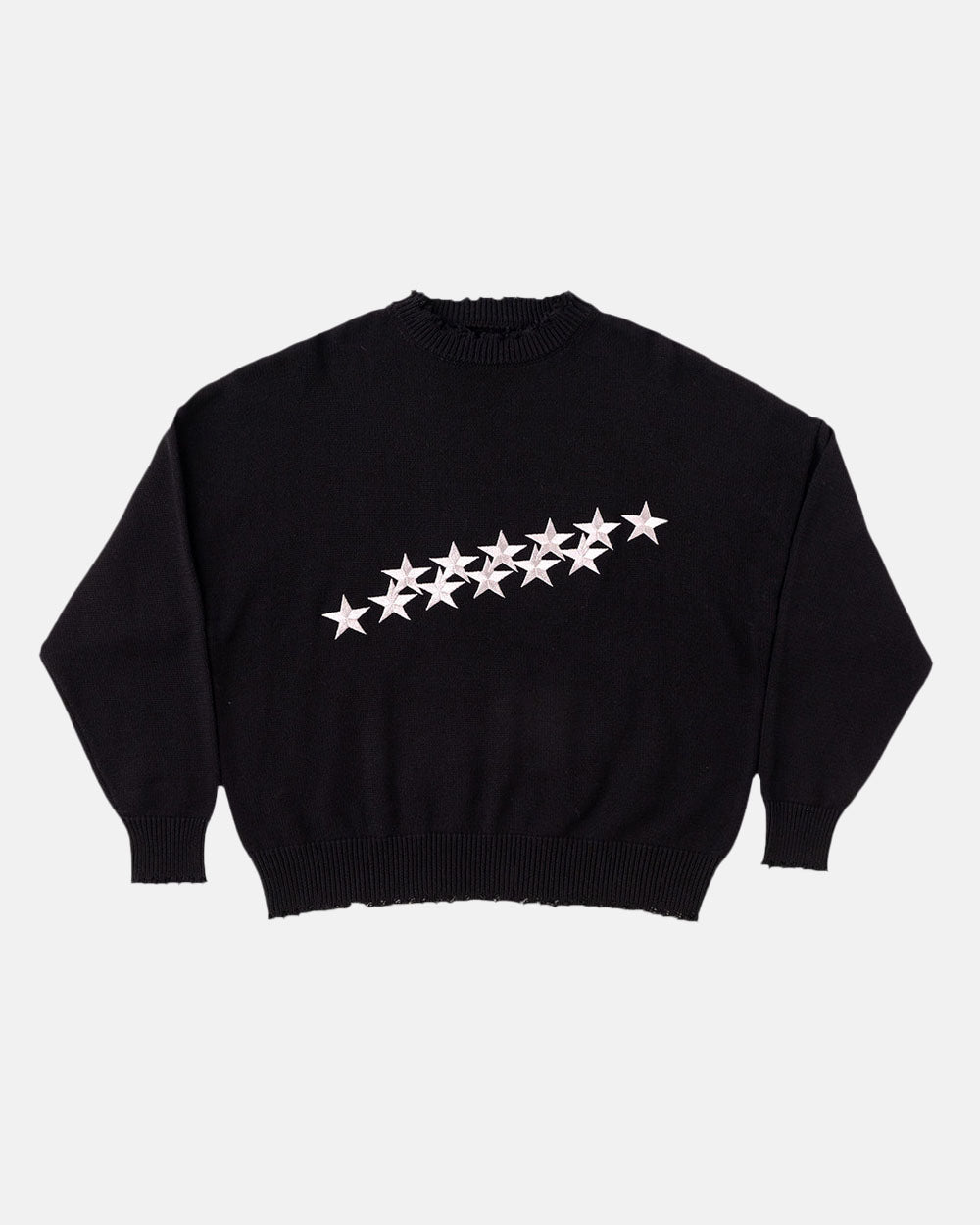 STARS KNIT BLACK - black distressed knit sweater, front view - Cold Culture #packshot