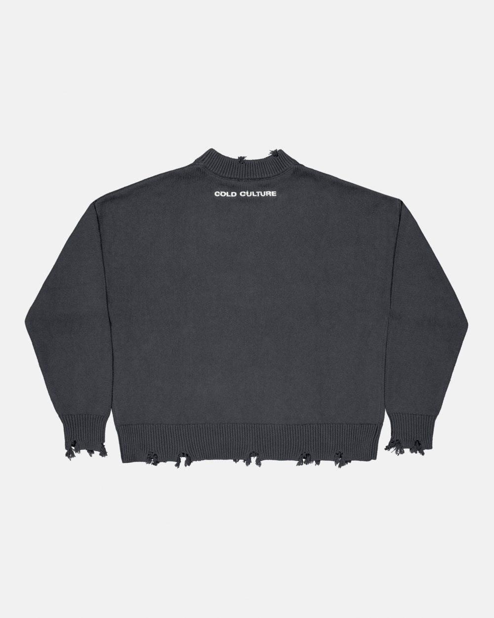 STARS KNIT INDIA INK - charcoal distressed knit sweater, back view - Cold Culture #packshot
