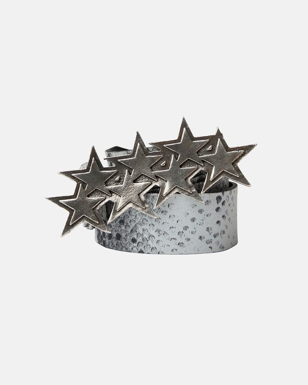 STARS LEATHER BELT BLACK SNAKE - grey snake print leather belt, front view - Cold Culture #packshot