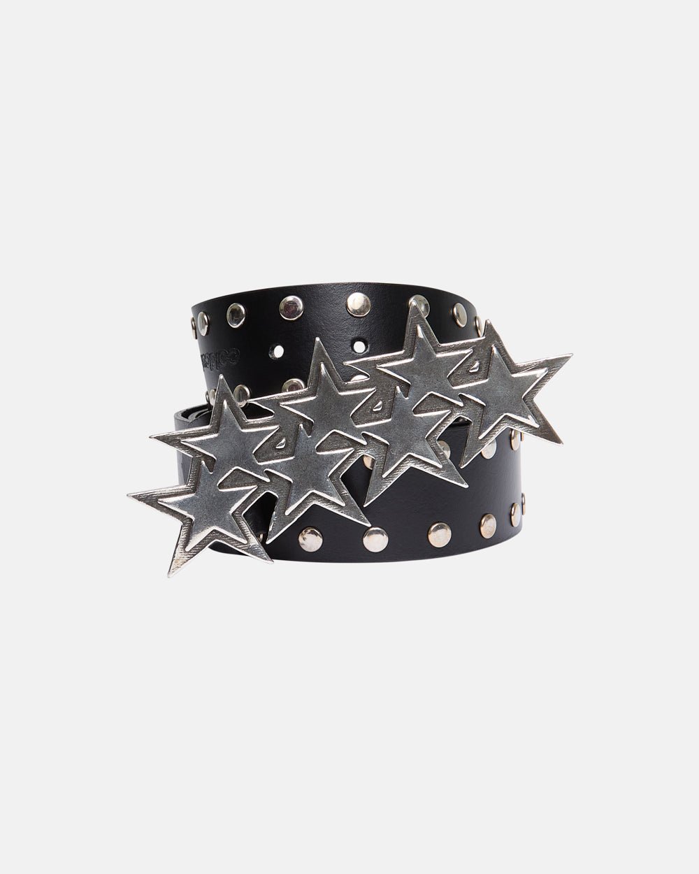 STARS LEATHER BELT RIVETS - black studded leather belt, front view - Cold Culture #packshot