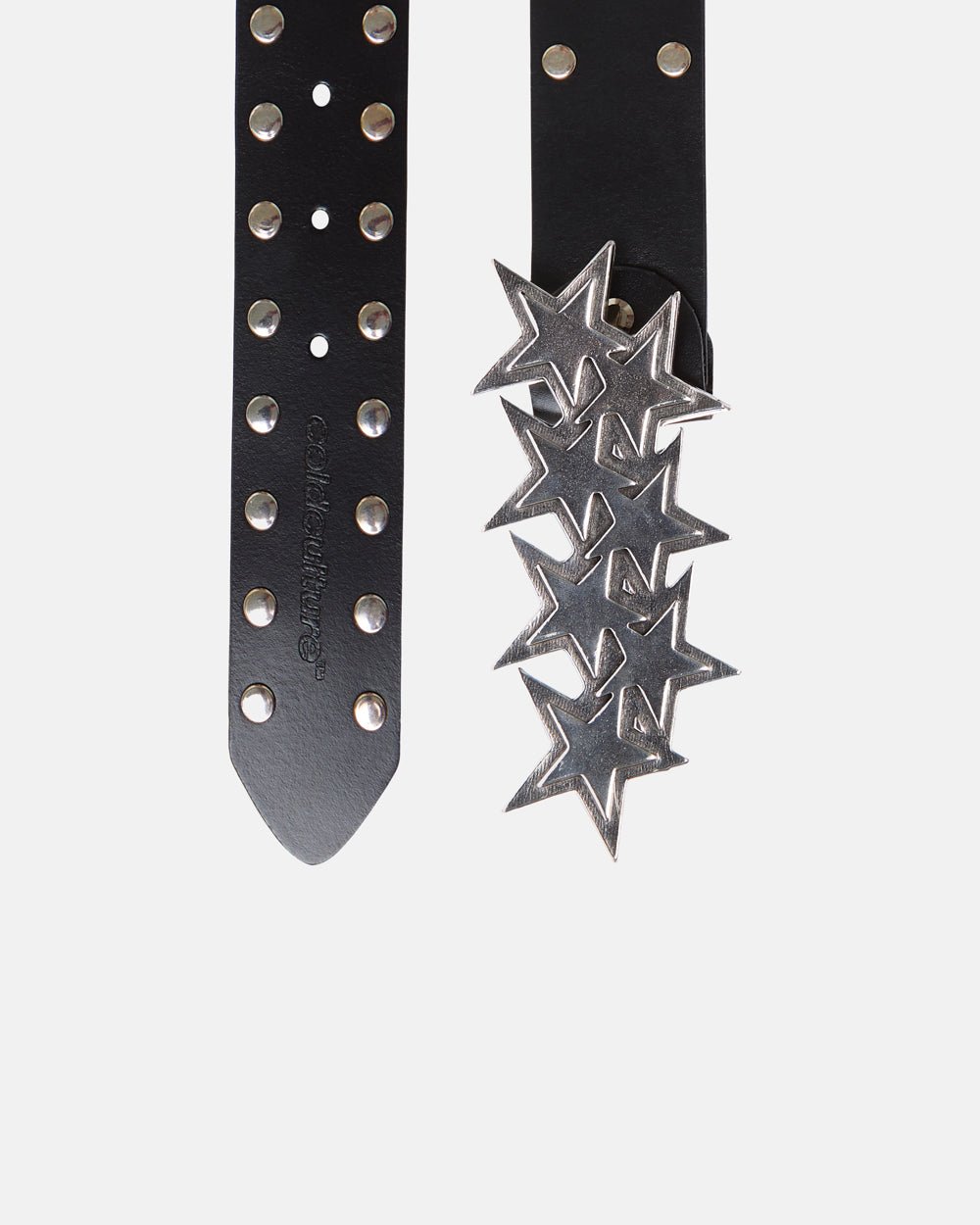 STARS LEATHER BELT RIVETS - black studded leather belt, detail close-up - Cold Culture