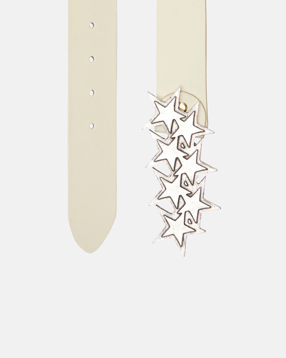 STARS LEATHER BELT WHITE - white leather star buckle belt, detail close-up - Cold Culture