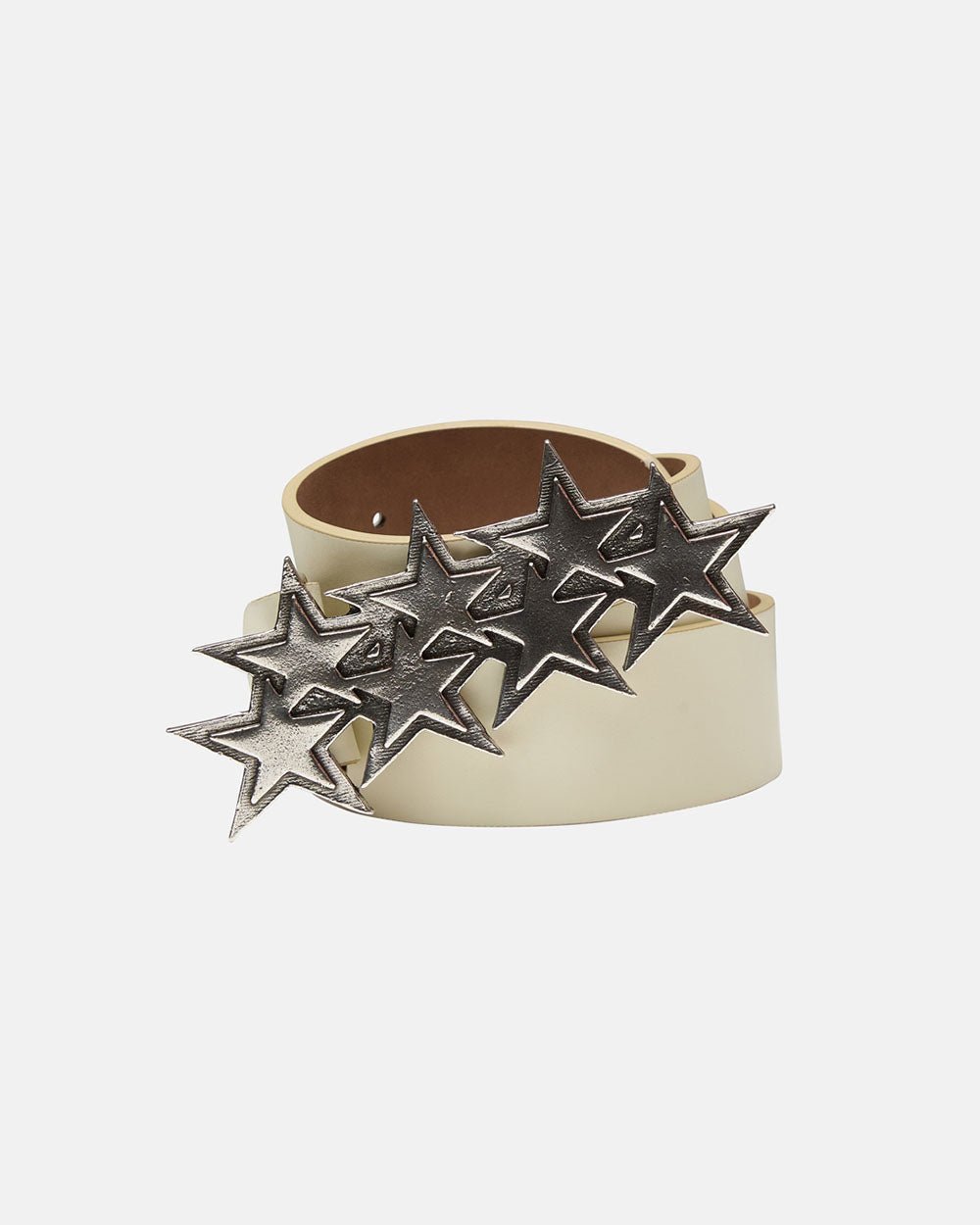 STARS LEATHER BELT WHITE - white leather star buckle belt, front view - Cold Culture #packshot