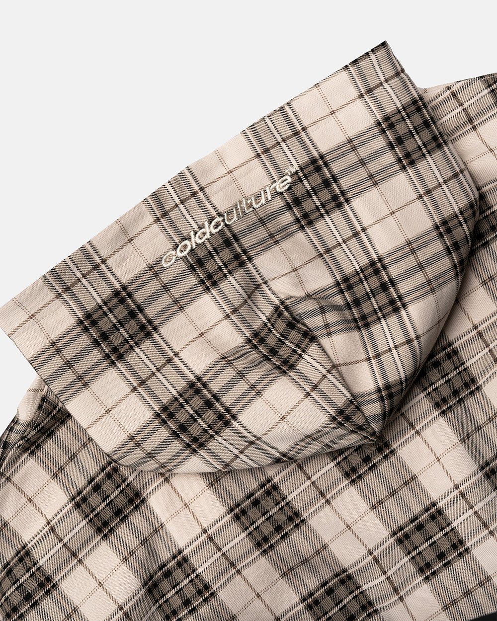 STARS TARTAN HOODIE BEIGE - beige tartan hoodie, detail close-up - Cold Culture