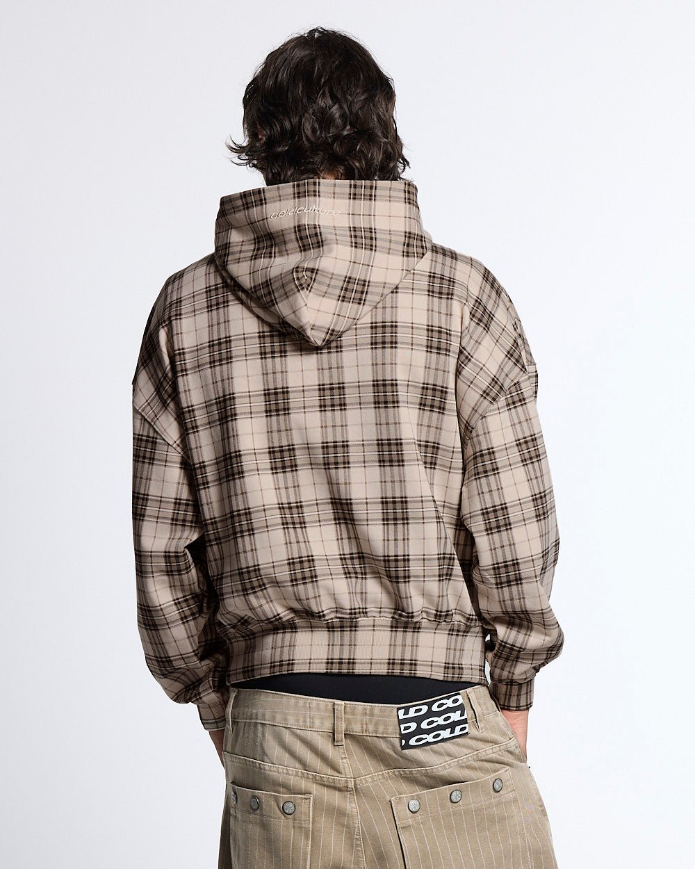 STARS TARTAN HOODIE BEIGE - beige tartan hoodie, back view on male model - Cold Culture