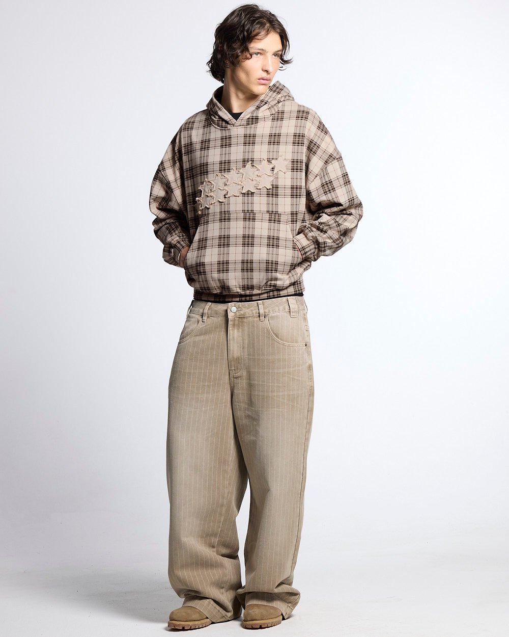 STARS TARTAN HOODIE BEIGE - beige tartan hoodie, front view on male model - Cold Culture #man