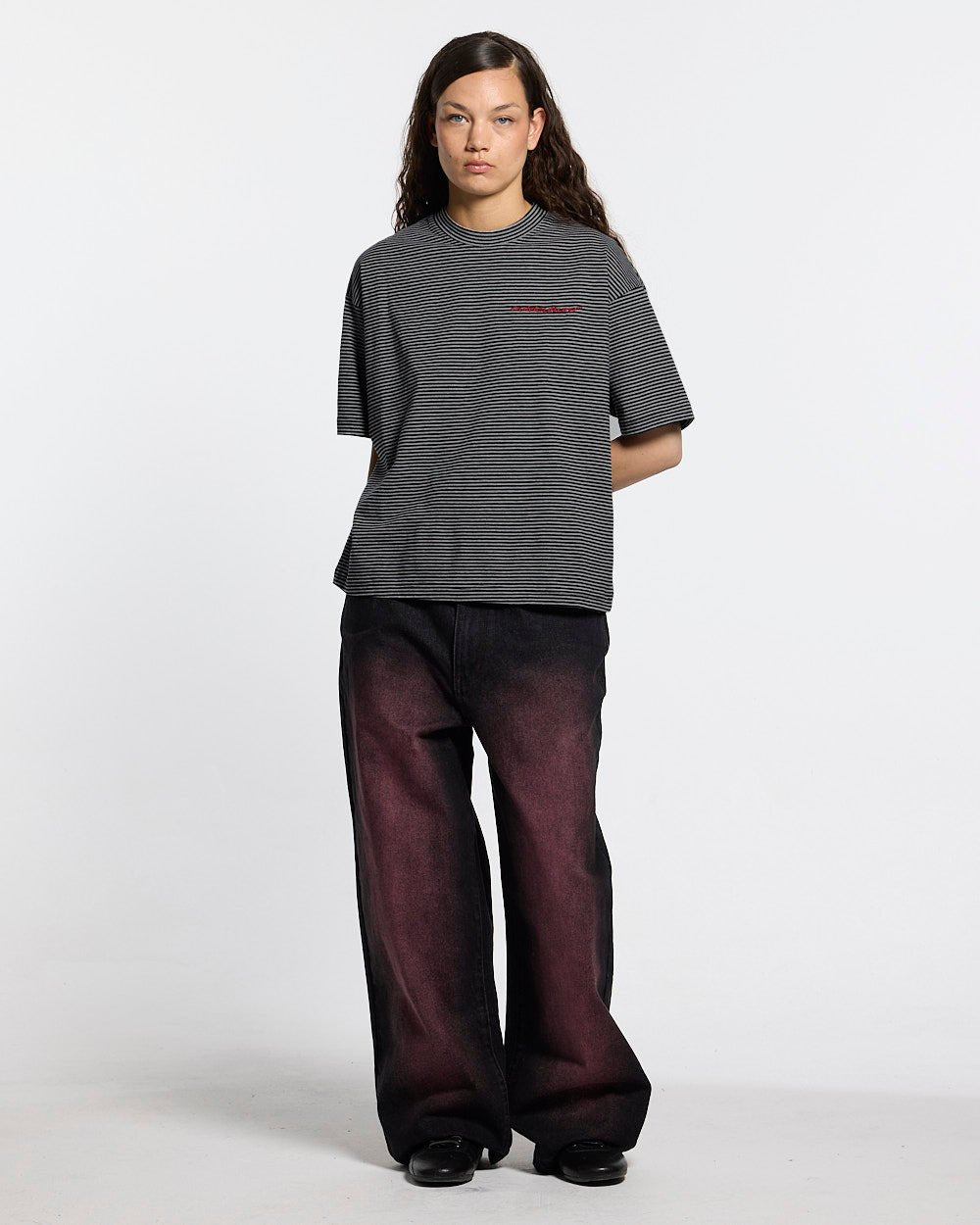 STARS V2 PANTS BURGUNDY - burgundy star embroidered pants, front view on female model - Cold Culture #woman