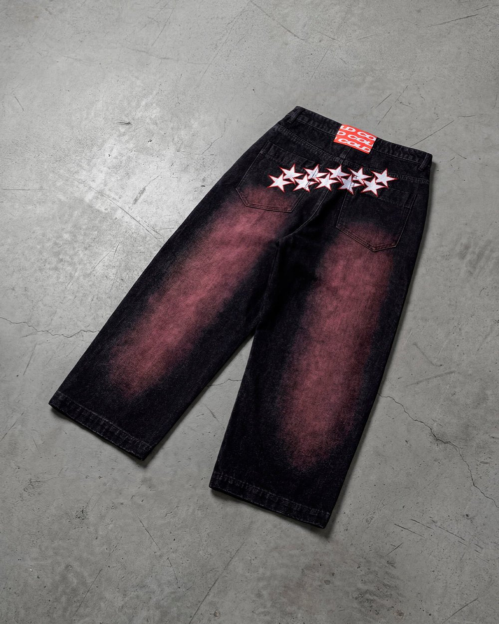 STARS V2 PANTS BURGUNDY - burgundy star embroidered pants, flat lay - Cold Culture