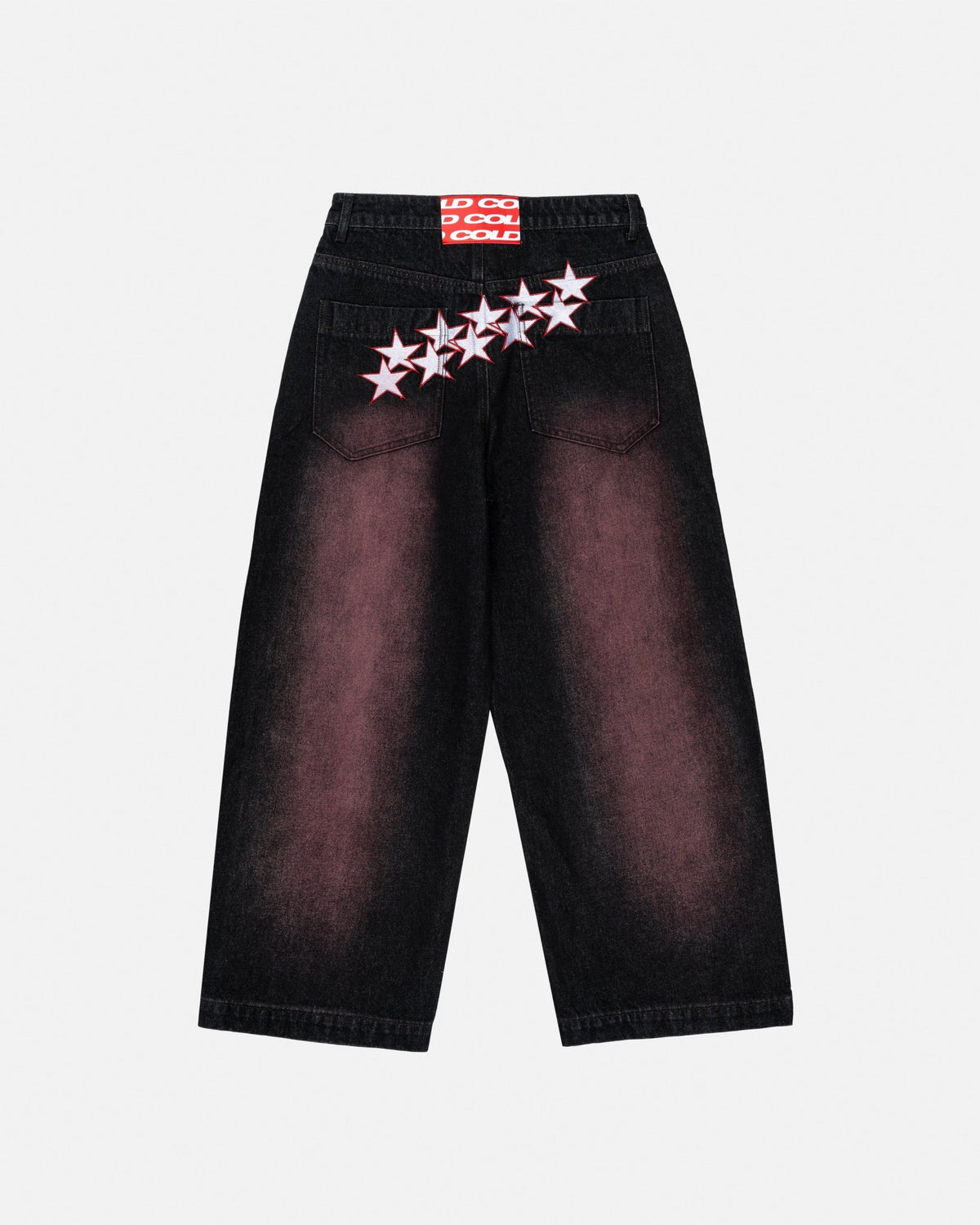 STARS V2 PANTS BURGUNDY - burgundy star embroidered pants, back view - Cold Culture #packshot