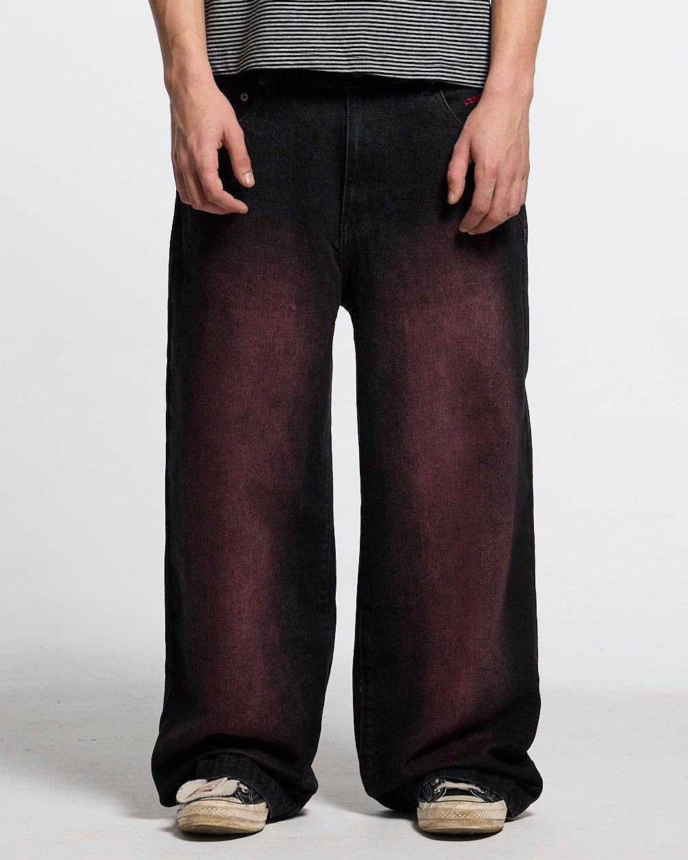 STARS V2 PANTS BURGUNDY - burgundy star embroidered pants, front view on male model - Cold Culture
