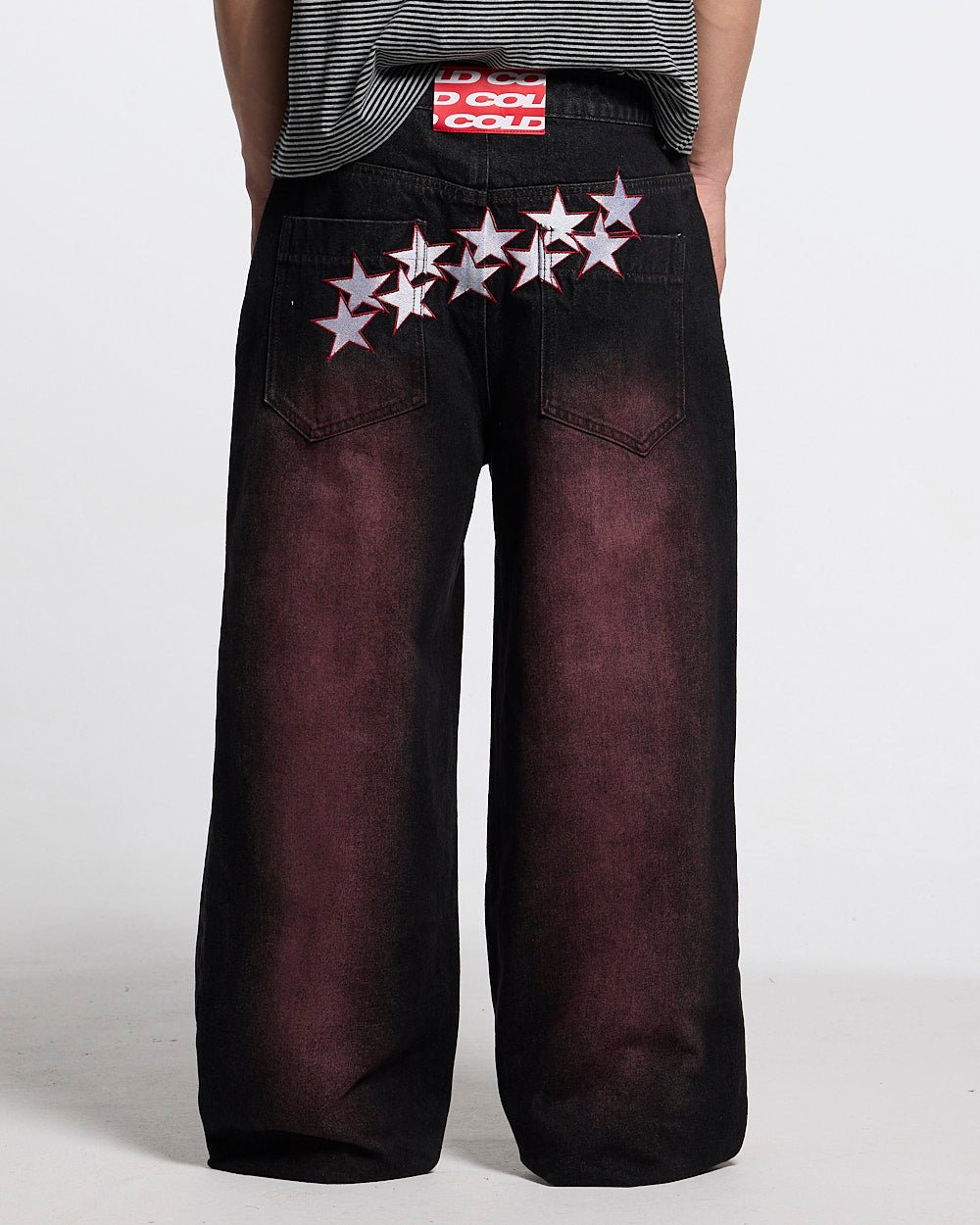 STARS V2 PANTS BURGUNDY - burgundy star embroidered pants, back view on male model - Cold Culture