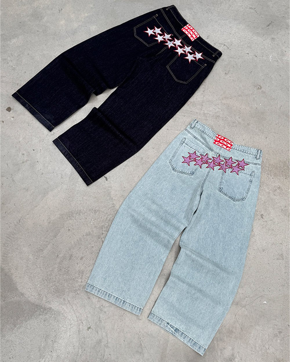 STARS V2 PANTS LIGHT BLUE DENIM - light blue baggy denim pants, flat lay with matching pieces - Cold Culture