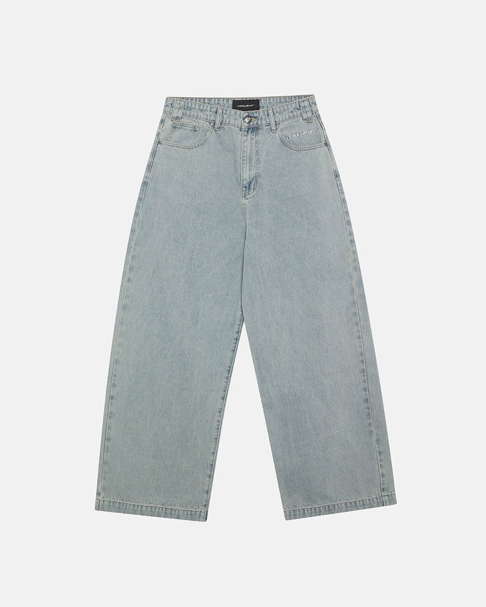 STARS V2 PANTS LIGHT BLUE DENIM - light blue baggy denim pants, front view - Cold Culture #packshot