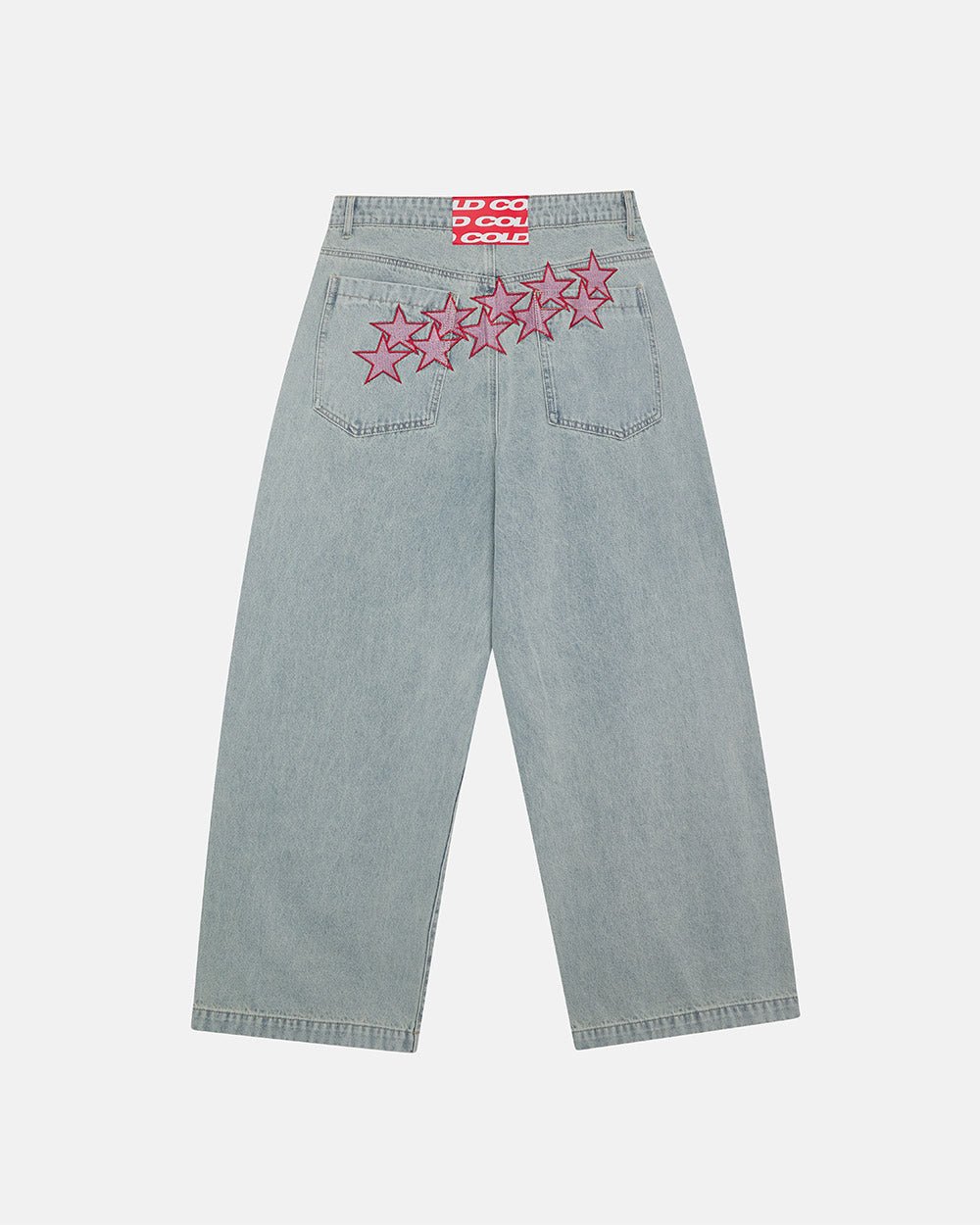 STARS V2 PANTS LIGHT BLUE DENIM - light blue baggy denim pants, back view - Cold Culture #packshot