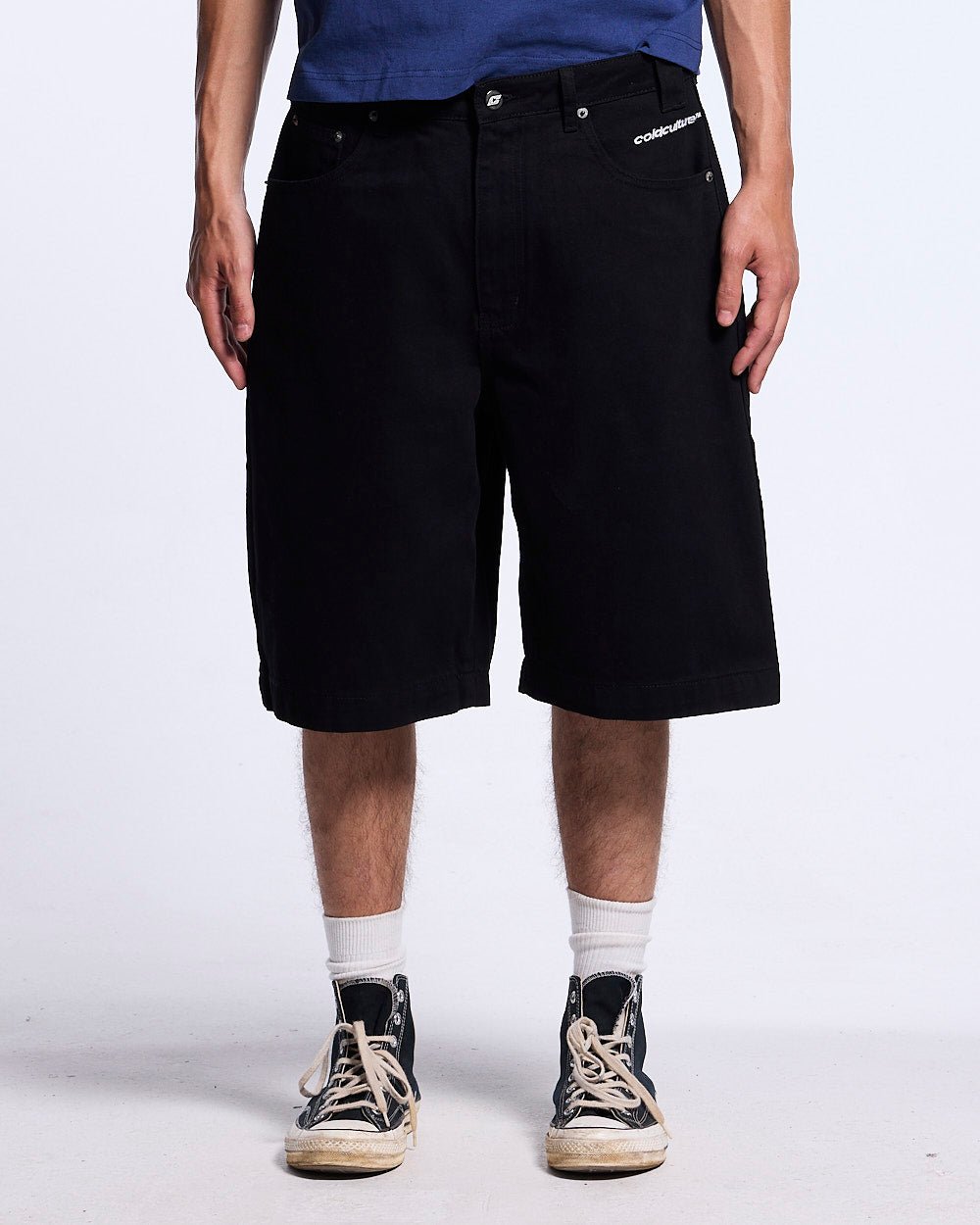 STARS V2 SHORTS BLACK - black baggy denim shorts, front view on male model - Cold Culture