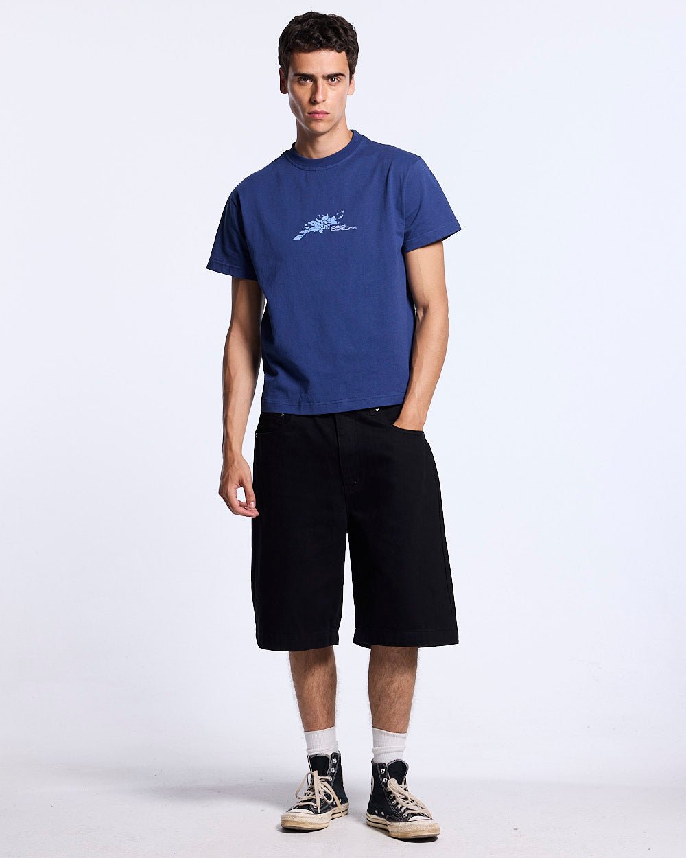 STARS V2 SHORTS BLACK - black baggy denim shorts, front view on male model - Cold Culture #man