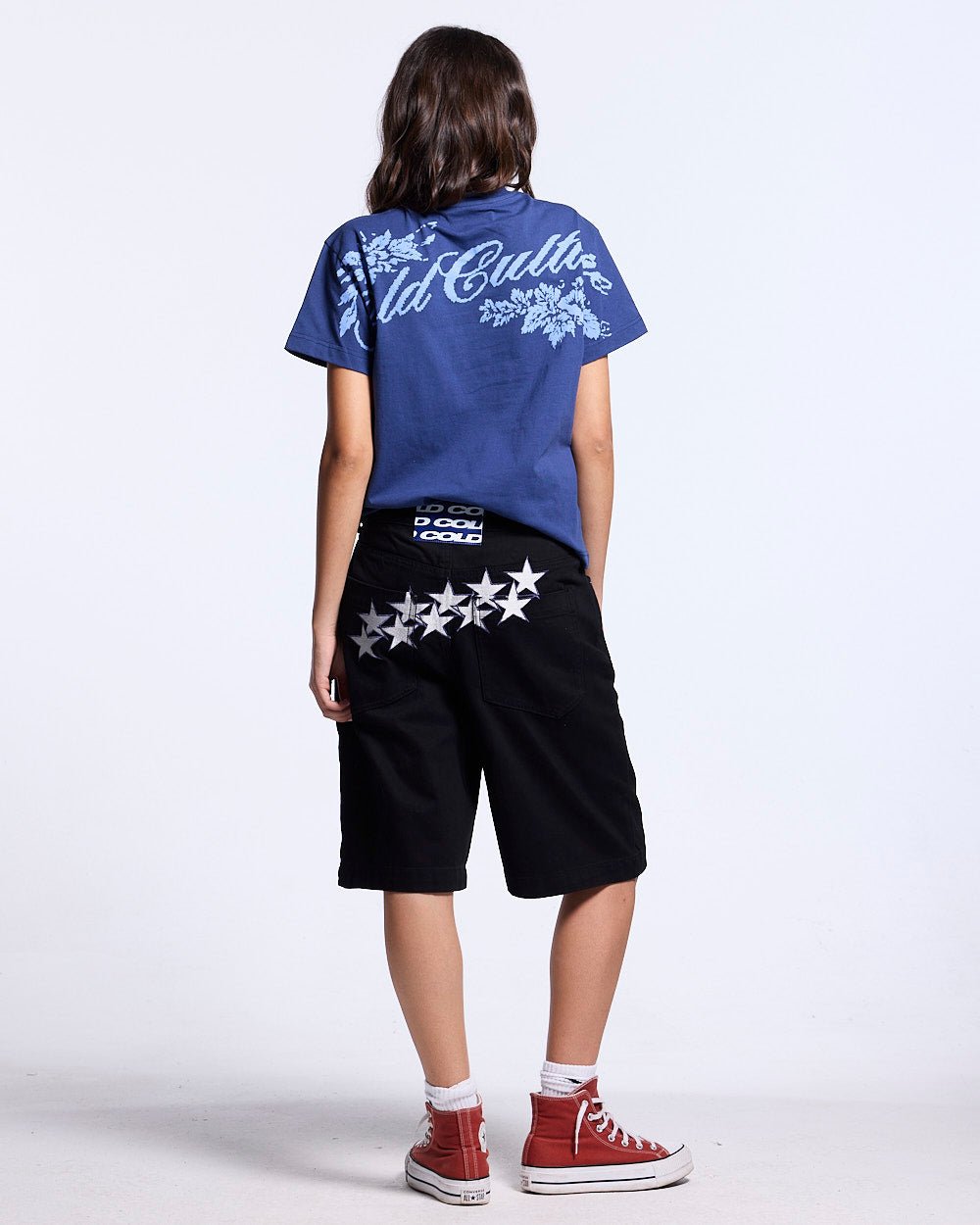 STARS V2 SHORTS BLACK - black baggy denim shorts, back view on female model - Cold Culture #woman