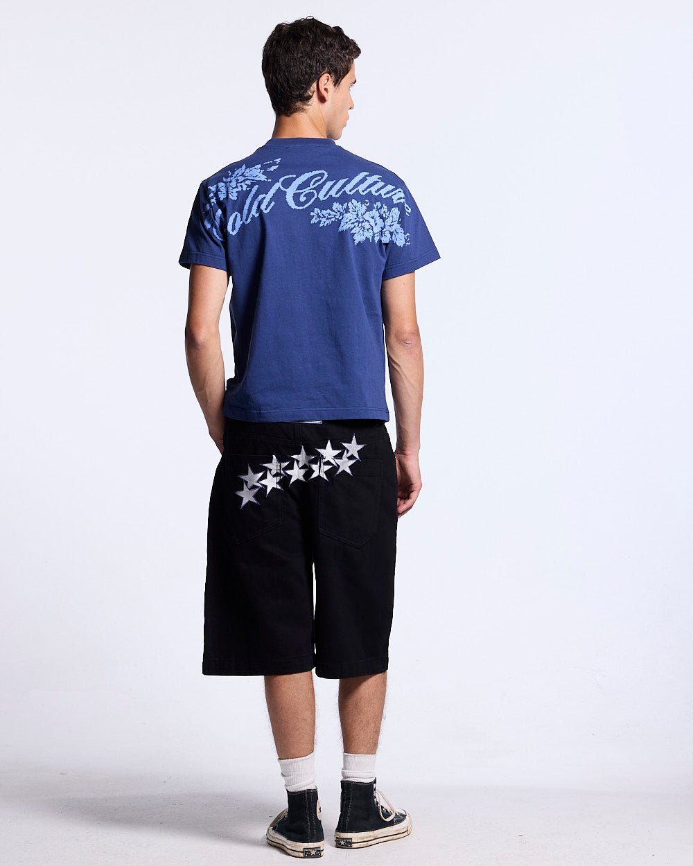 STARS V2 SHORTS BLACK - black baggy denim shorts, back view on male model - Cold Culture #man
