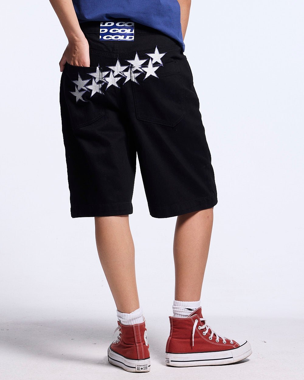 STARS V2 SHORTS BLACK - black baggy denim shorts, back view on female model - Cold Culture #woman