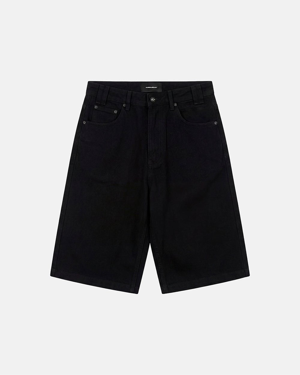 STARS V2 SHORTS BLACK - black baggy denim shorts, front view - Cold Culture #packshot