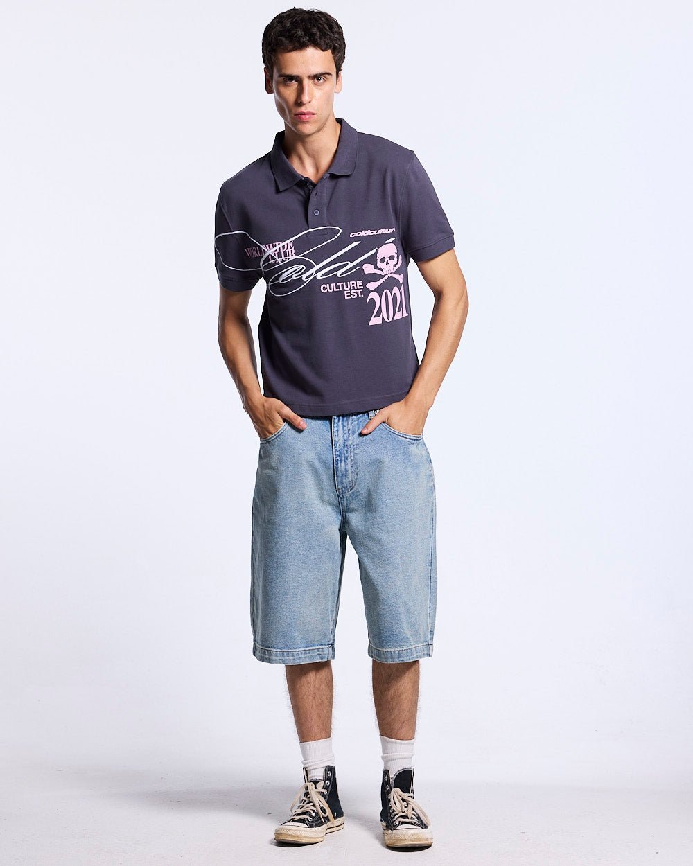 STARS V2 SHORTS LIGHT DENIM - light wash denim shorts, front view on male model - Cold Culture #man
