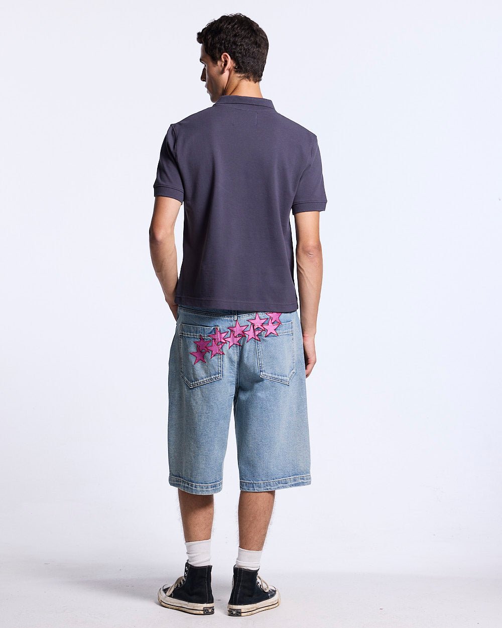 STARS V2 SHORTS LIGHT DENIM - light wash denim shorts, back view on male model - Cold Culture #man
