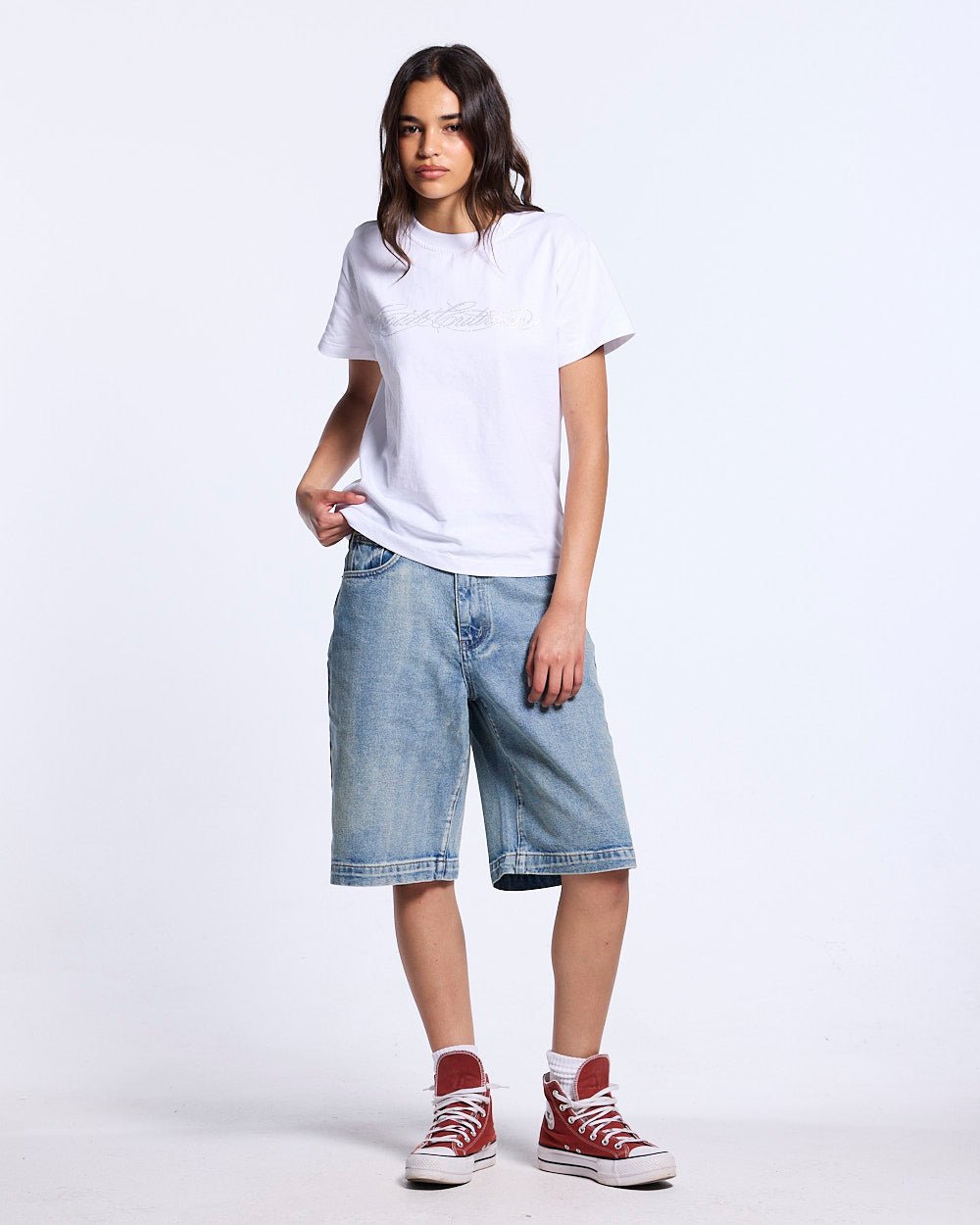 STARS V2 SHORTS LIGHT DENIM - light wash denim shorts, front view on female model - Cold Culture #woman