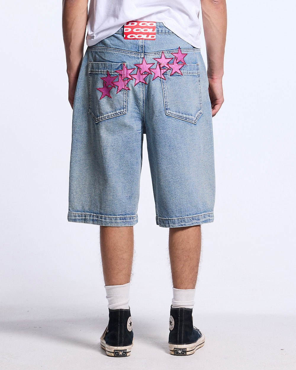 STARS V2 SHORTS LIGHT DENIM - light wash denim shorts, back view on male model - Cold Culture