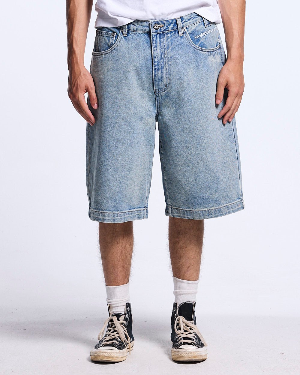 STARS V2 SHORTS LIGHT DENIM - light wash denim shorts, front view on male model - Cold Culture