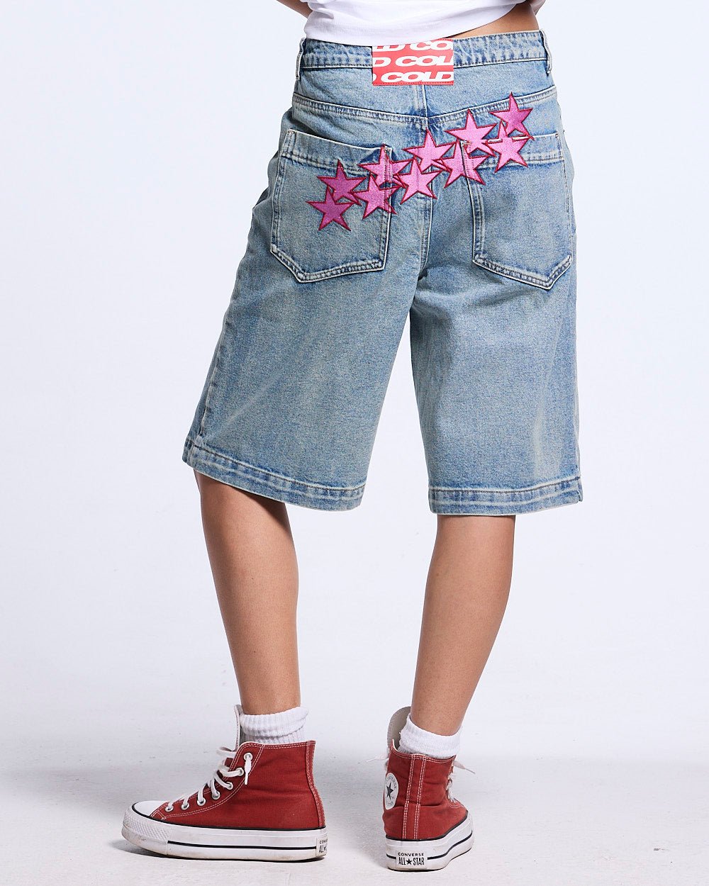 STARS V2 SHORTS LIGHT DENIM - light wash denim shorts, back view on female model - Cold Culture