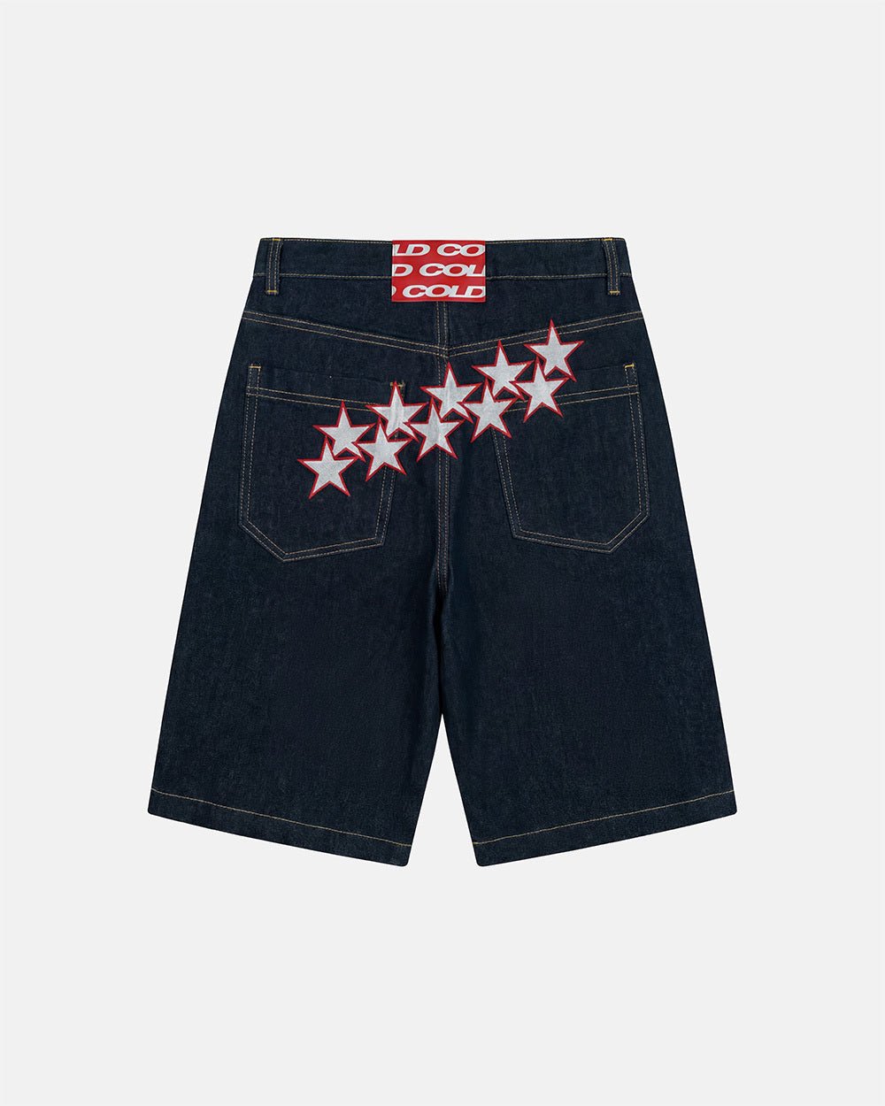 STARS V2 SHORTS RAW DENIM - baggy raw denim shorts, back view - Cold Culture #packshot