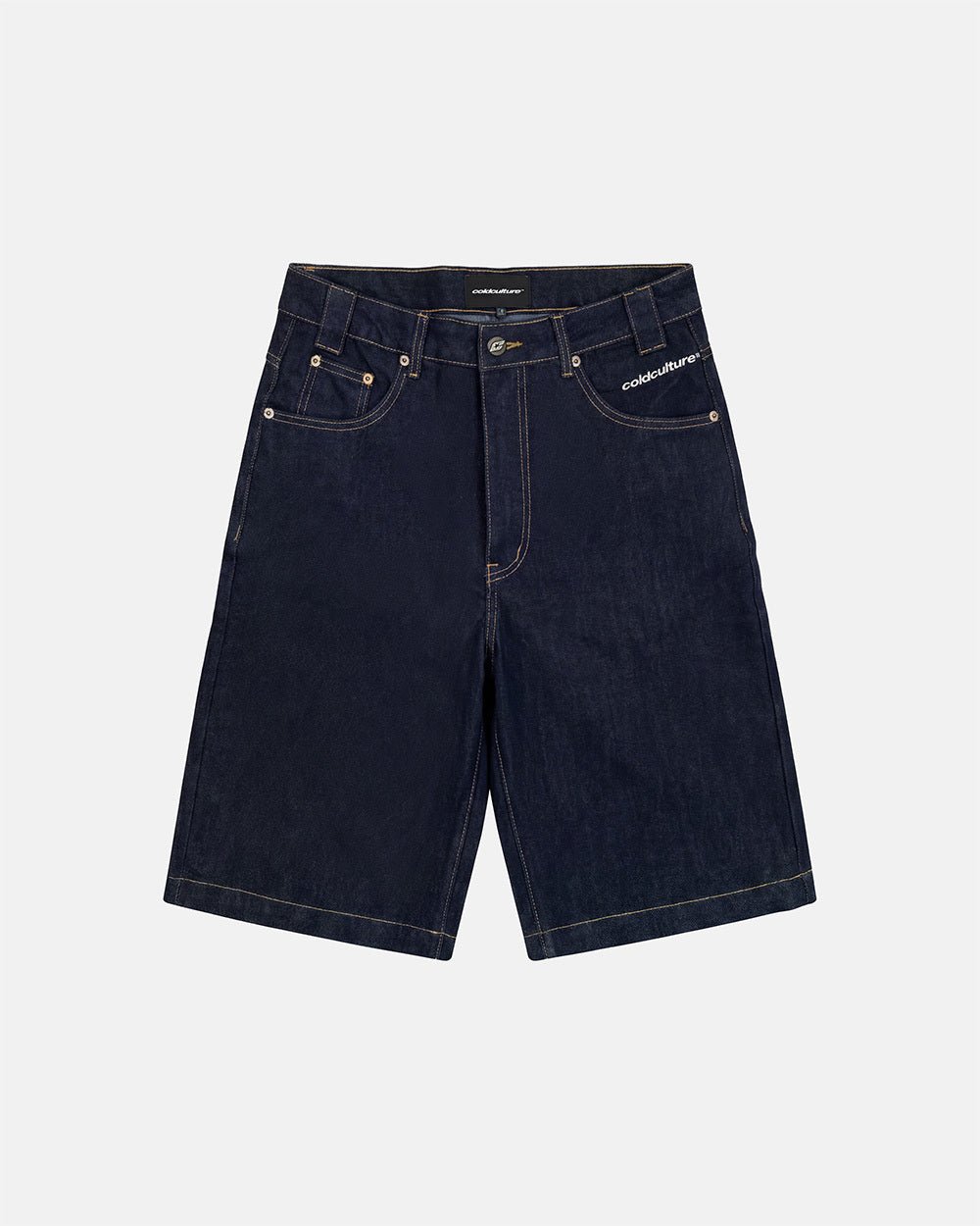 STARS V2 SHORTS RAW DENIM - baggy raw denim shorts, front view - Cold Culture #packshot