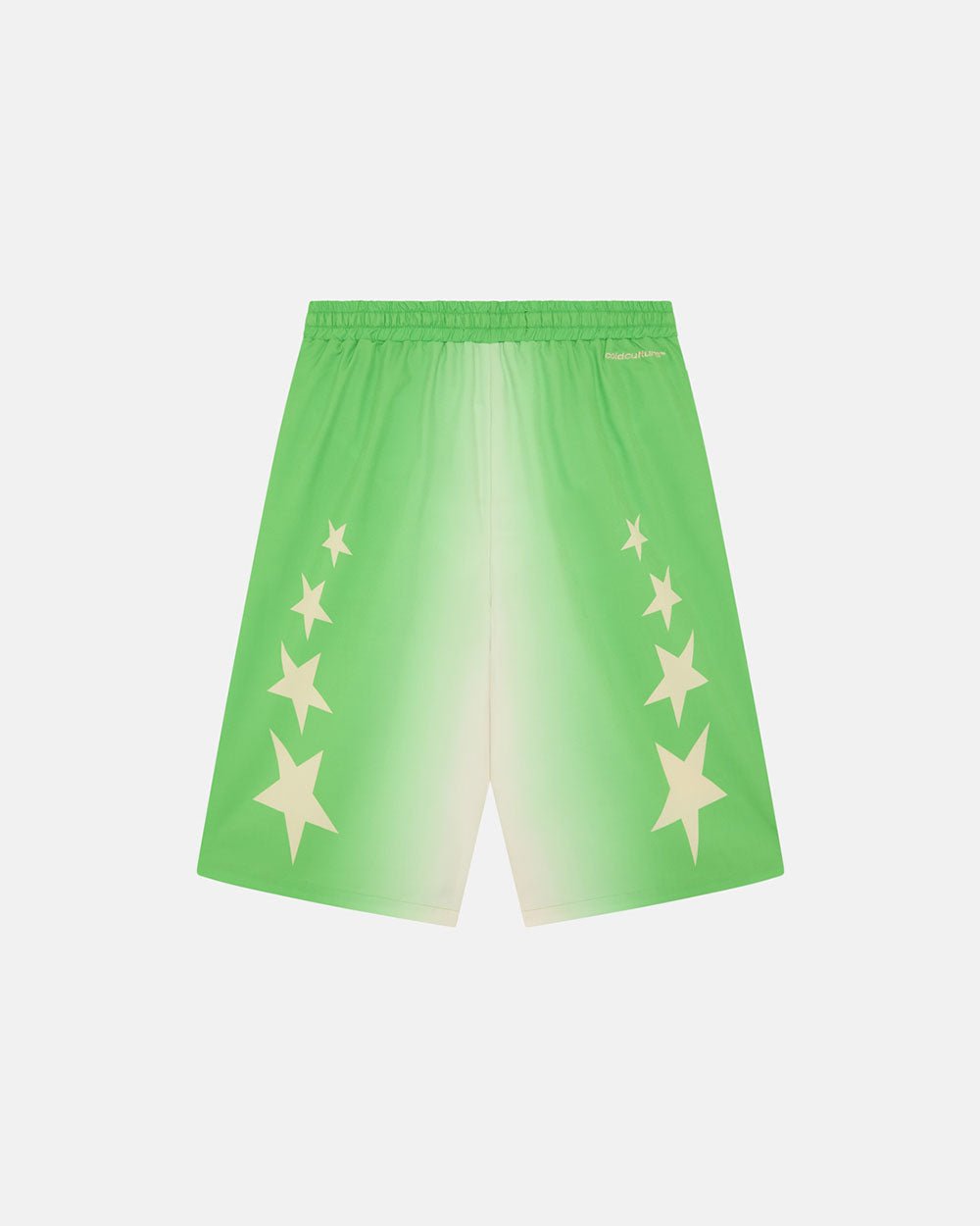 STARS WIDE SWIM SHORTS GREEN - green star print swim shorts, back view - Cold Culture #packshot