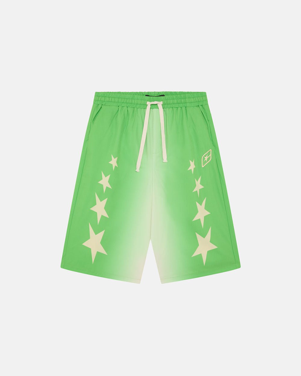 STARS WIDE SWIM SHORTS GREEN - green star print swim shorts, front view - Cold Culture #packshot