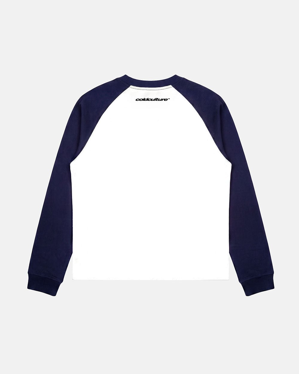 STARSHIELD LONGSLEEVE BLUE - white and navy raglan longsleeve tee, back view - Cold Culture #packshot