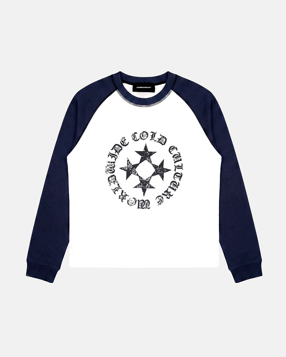 STARSHIELD LONGSLEEVE BLUE - white and navy raglan longsleeve tee, front view - Cold Culture #woman