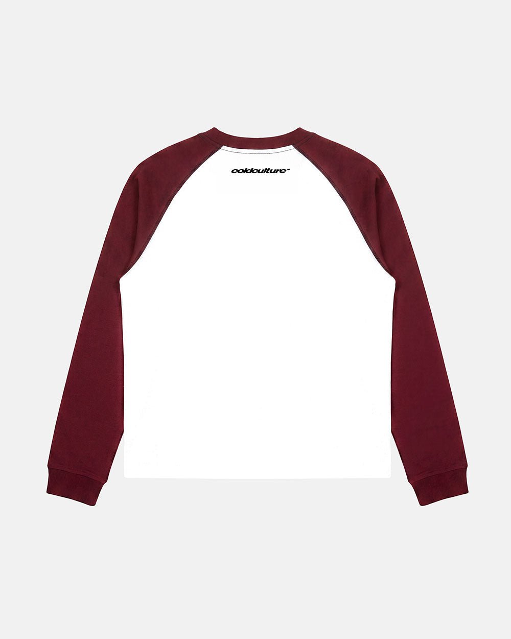 STARSHIELD LONGSLEEVE RED - white and red raglan longsleeve tee, back view - Cold Culture #packshot