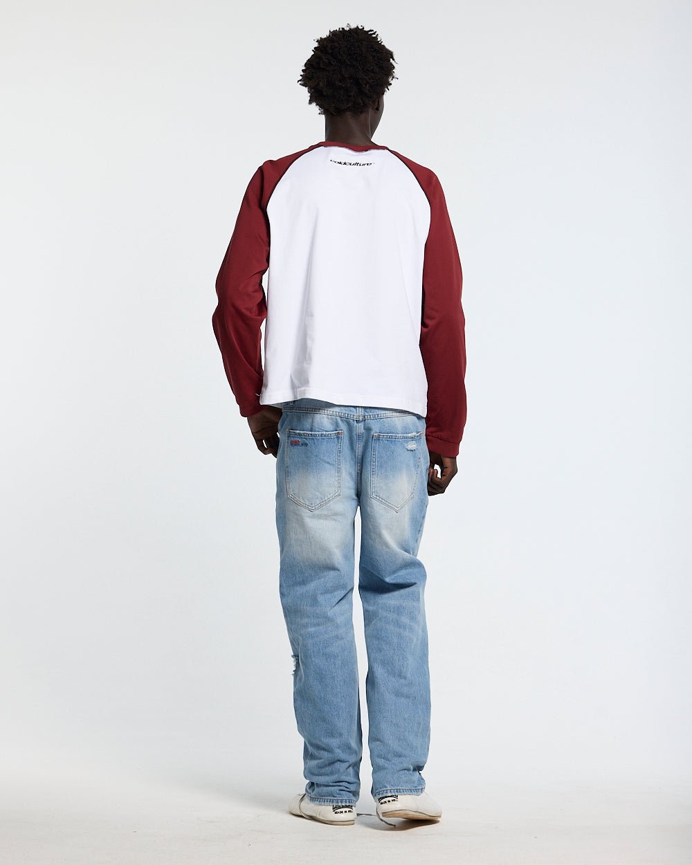 STARSHIELD LONGSLEEVE RED - white and red raglan longsleeve tee, back view on male model - Cold Culture #man
