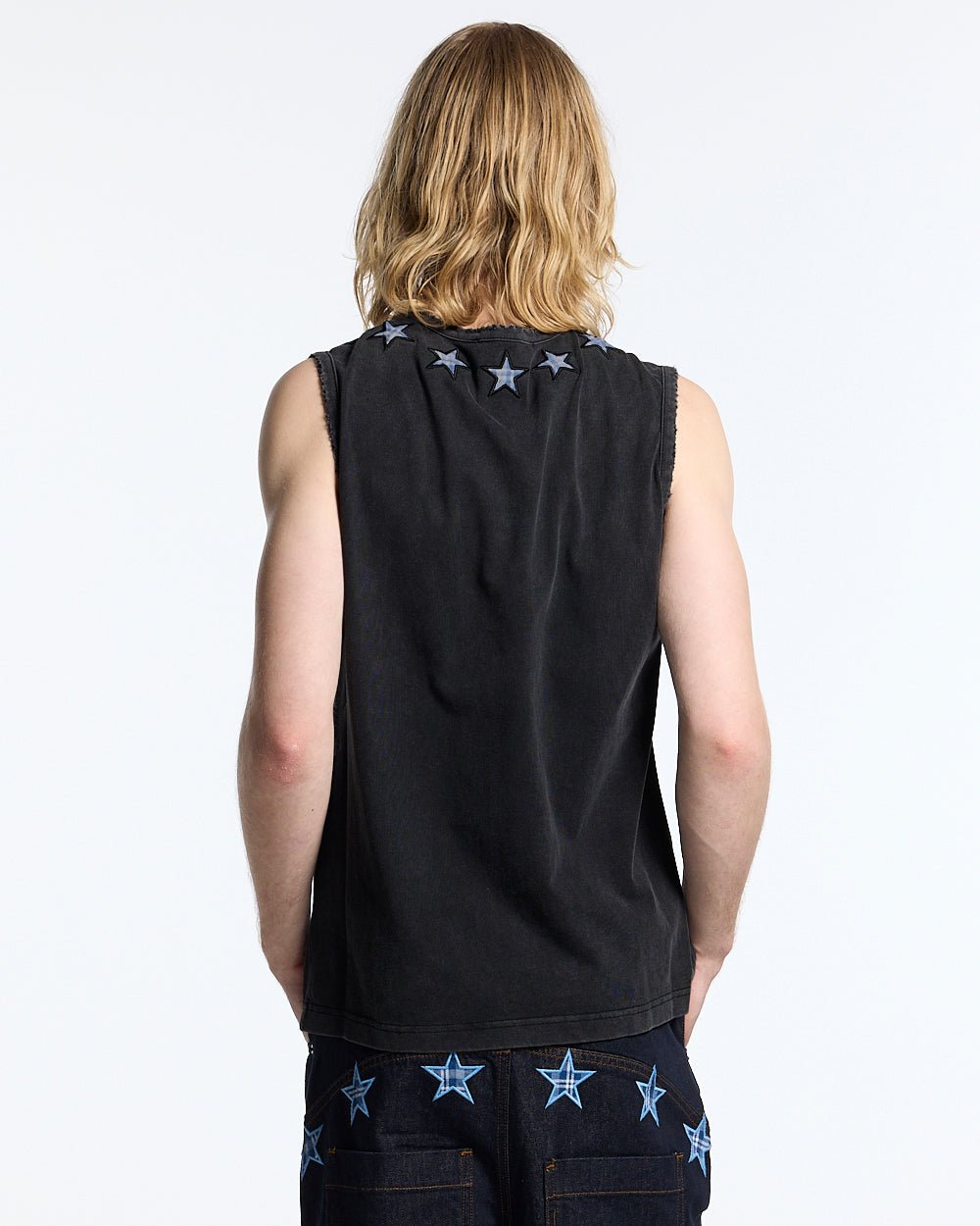 STARSHIP TOP BLACK - washed black sleeveless tee, back view on male model - Cold Culture #man