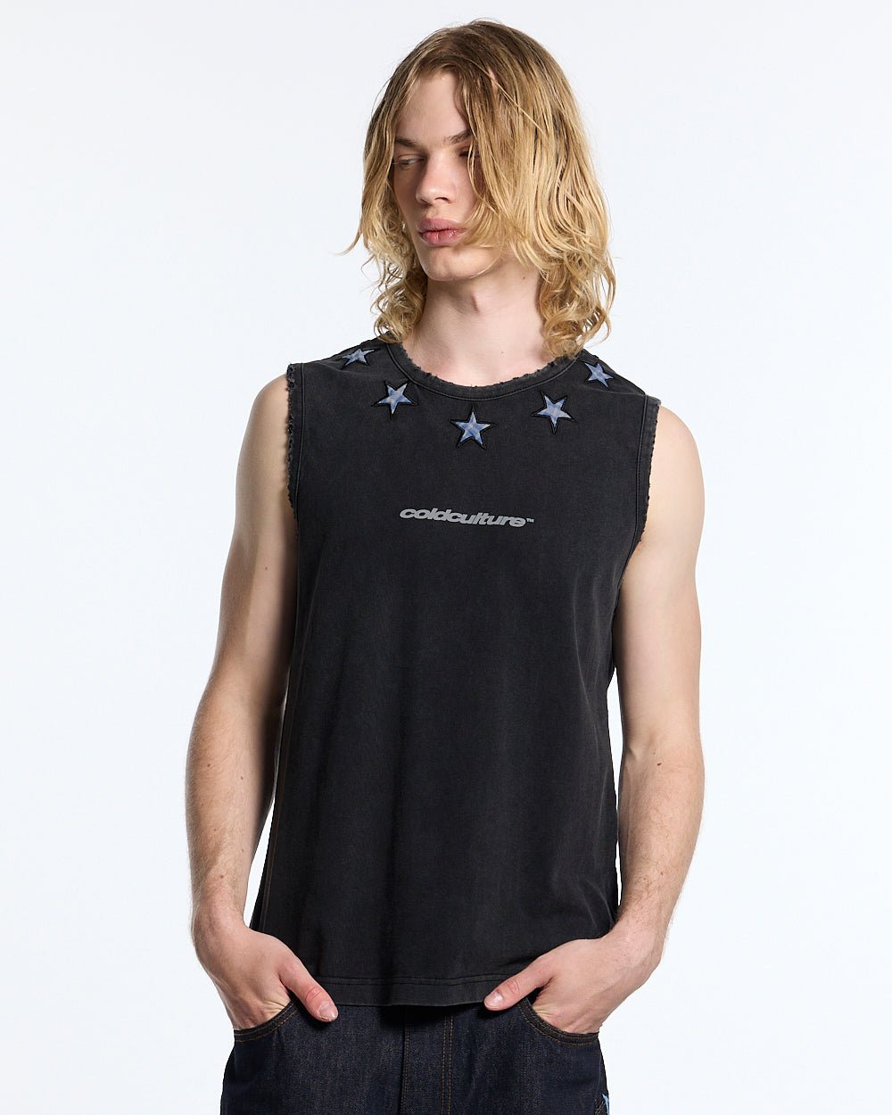 STARSHIP TOP BLACK - washed black sleeveless tee, front view on male model - Cold Culture #man