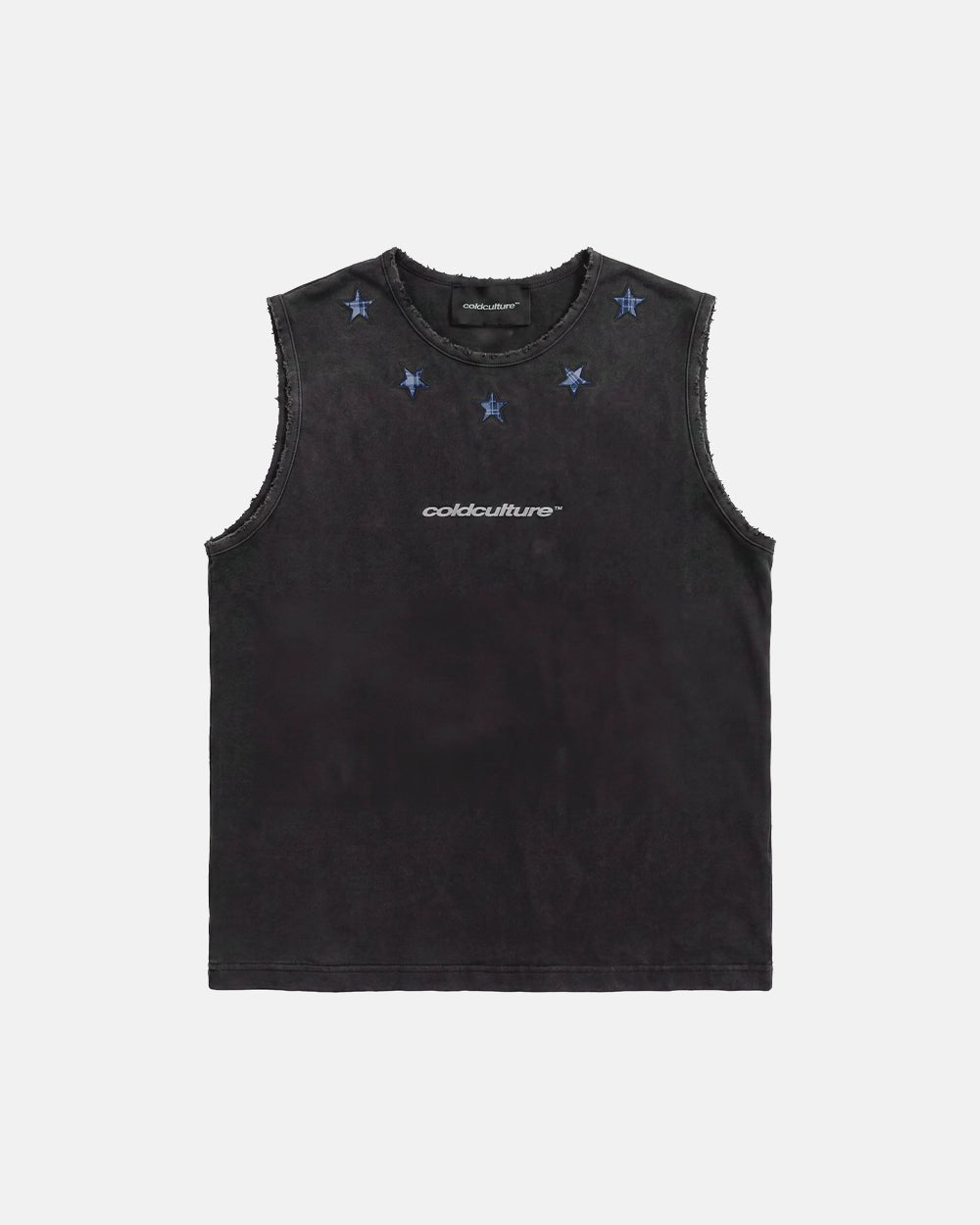 STARSHIP TOP BLACK - washed black sleeveless tee, front view - Cold Culture #packshot