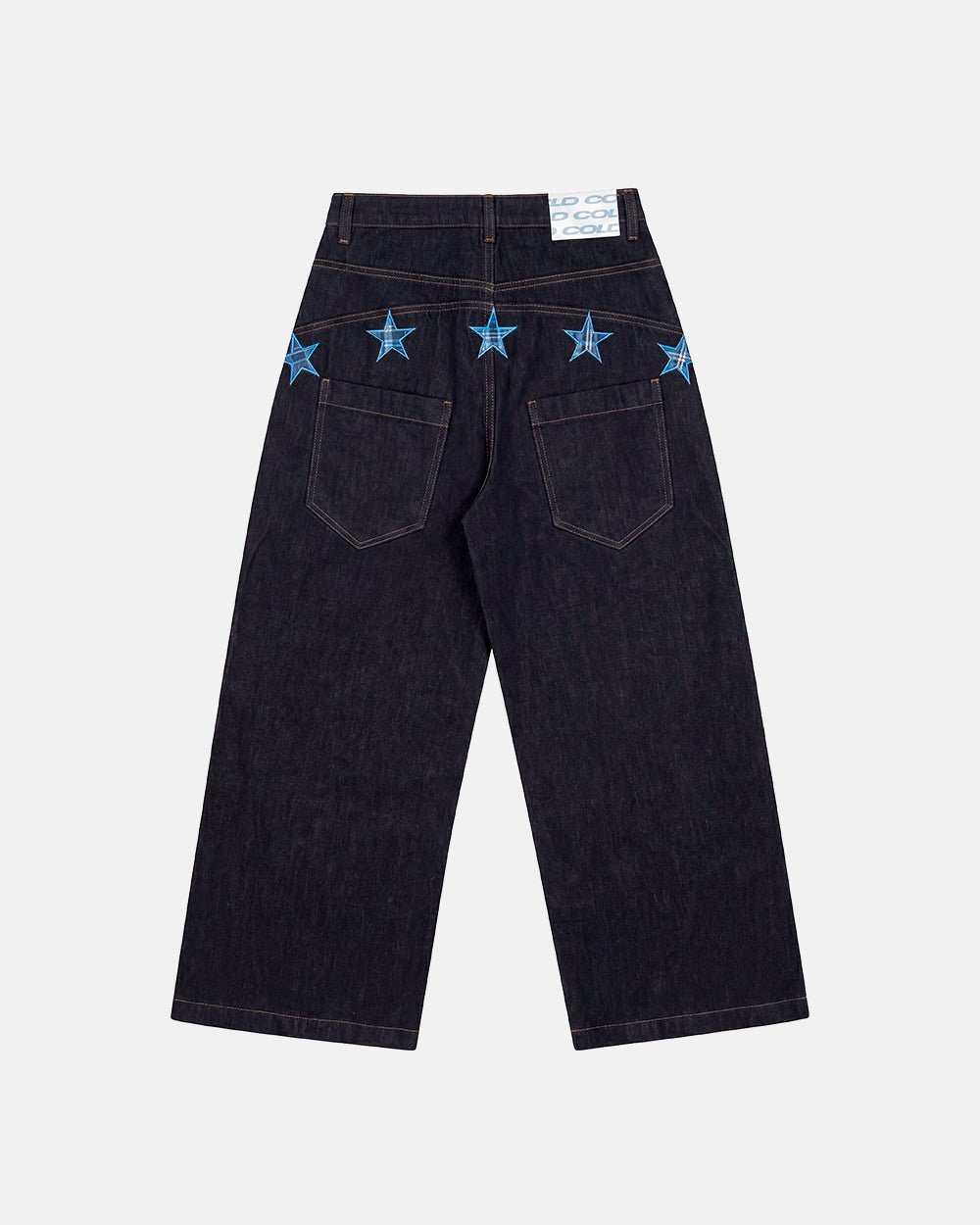 STARSHIP V3 PANTS RAW DENIM - raw denim pants with star print, back view - Cold Culture #packshot