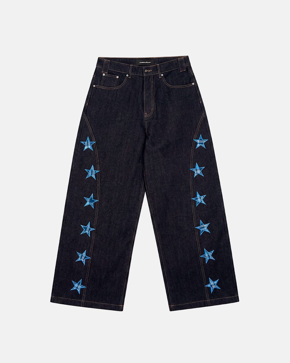 STARSHIP V3 PANTS RAW DENIM - raw denim pants with star print, front view - Cold Culture #packshot