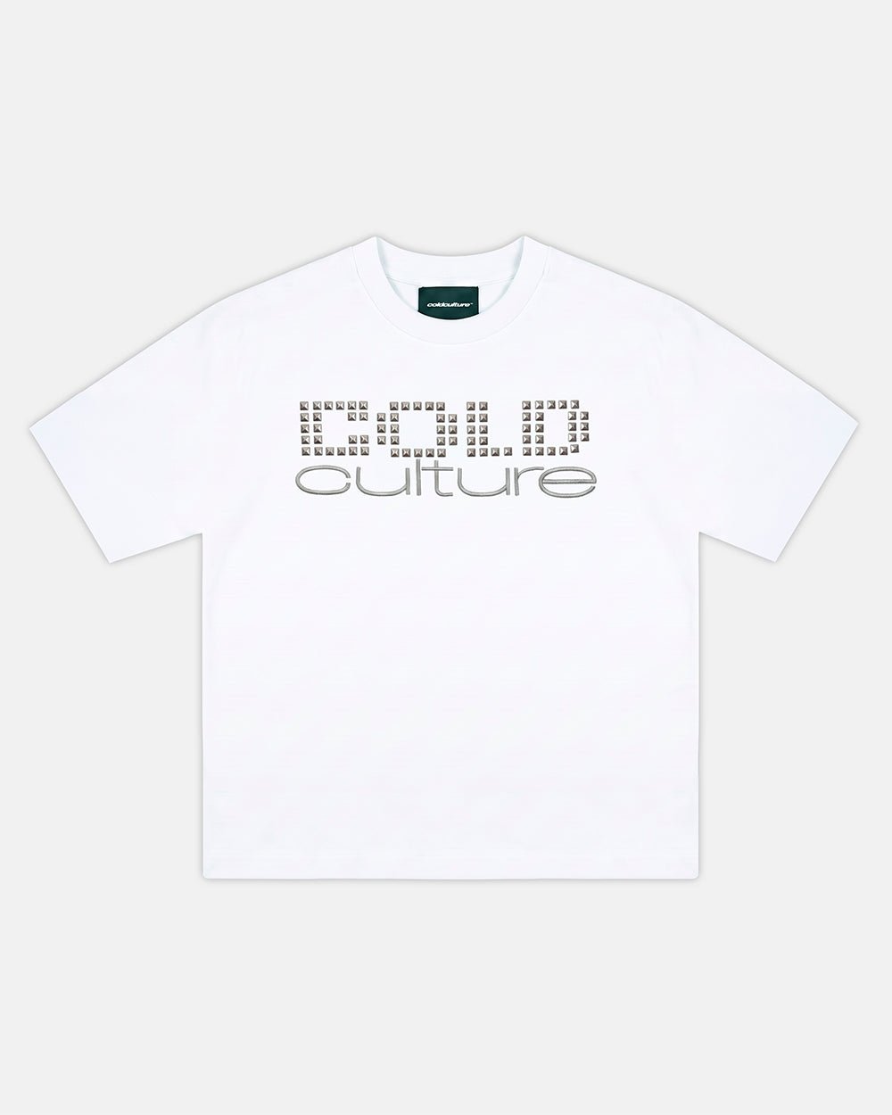 STARSTRUCK TEE WHITE - white studded logo tee, front view - Cold Culture #woman