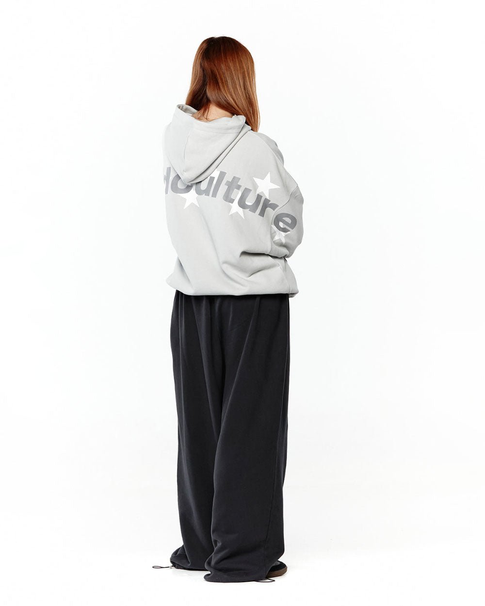 STELLAR HOODIE LIGHT GREY - light grey oversized hoodie, back view on female model - Cold Culture #woman