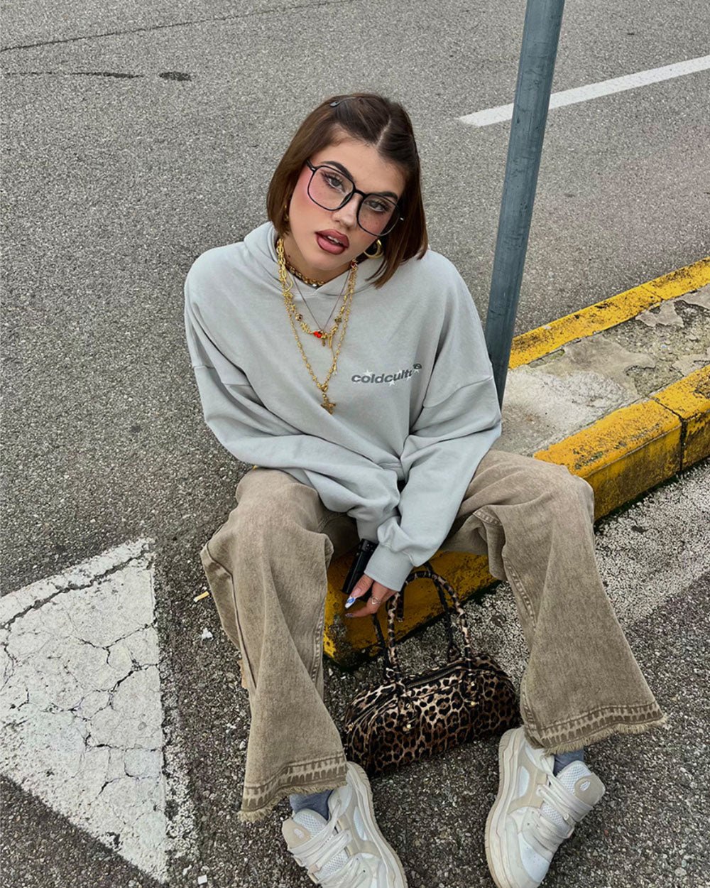 STELLAR HOODIE LIGHT GREY - light grey oversized hoodie, street style shot - Cold Culture #woman