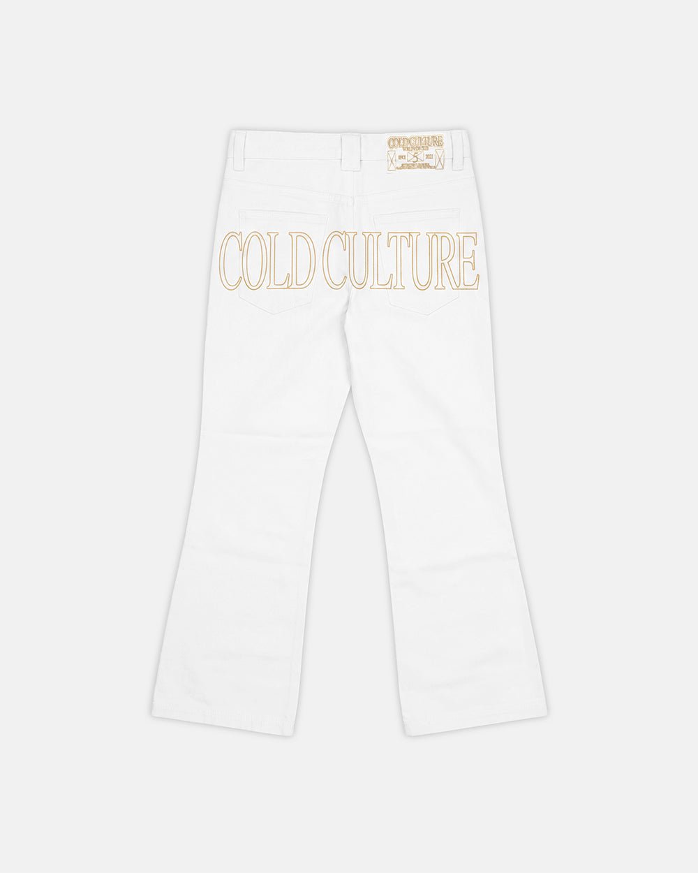 STIRRUP BOOTCUT WHITE - white bootcut pants, back view - Cold Culture #packshot